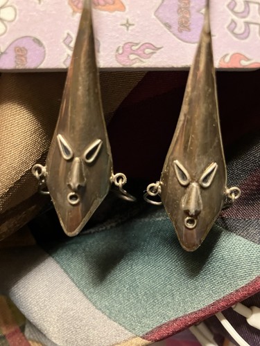Handcrafted Silver Tone Face Design Dangle/Drop Earrings, French Wire, Art