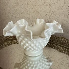 Vintage Fenton Hobnail Milk Glass Footed Compote Candy Dish Ruffled/Crimped Edge