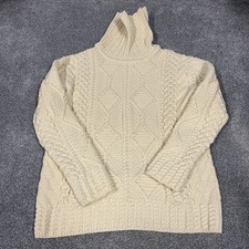 Blarney's Cable Knit Aran Cream Merino Wool Mock Neck Size Large