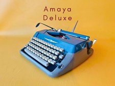 Working Typewriter Amaya Deluxe 1970s Blue and Beige Typewriter with Case QWERTY thumbnail