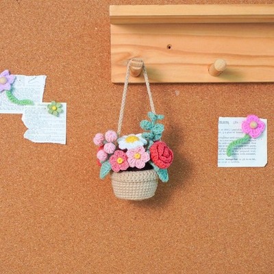 Crochet Rosy Radiance Flower Basket Car Hanging, Handmade Mirror Decor