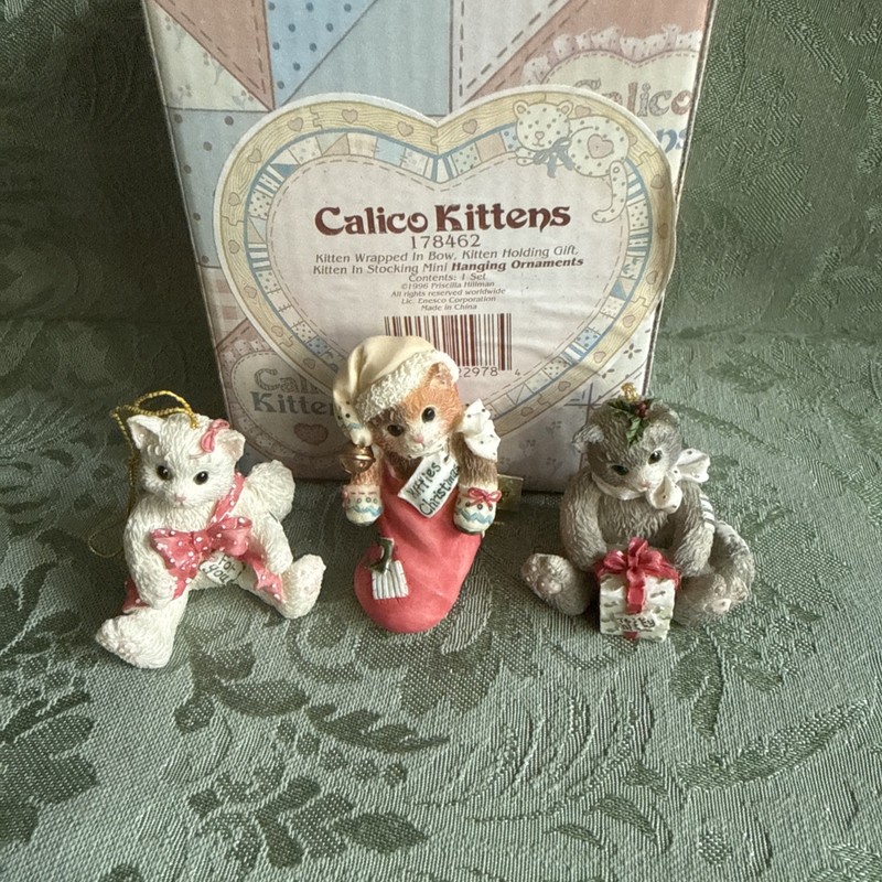 Calico Kittens Mini Ornament Set Of 3 #178462  1996 (bow, gift, stocking)
