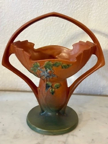 Huge~1941 Roseville Pottery COLUMBINE Flower Basket Vase Centerpiece 368-12