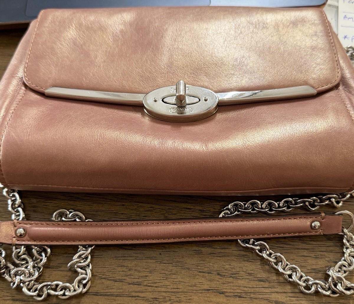 Coach Metallic Pink Shoulder Bag Chain Accent Turn Lock Closure 