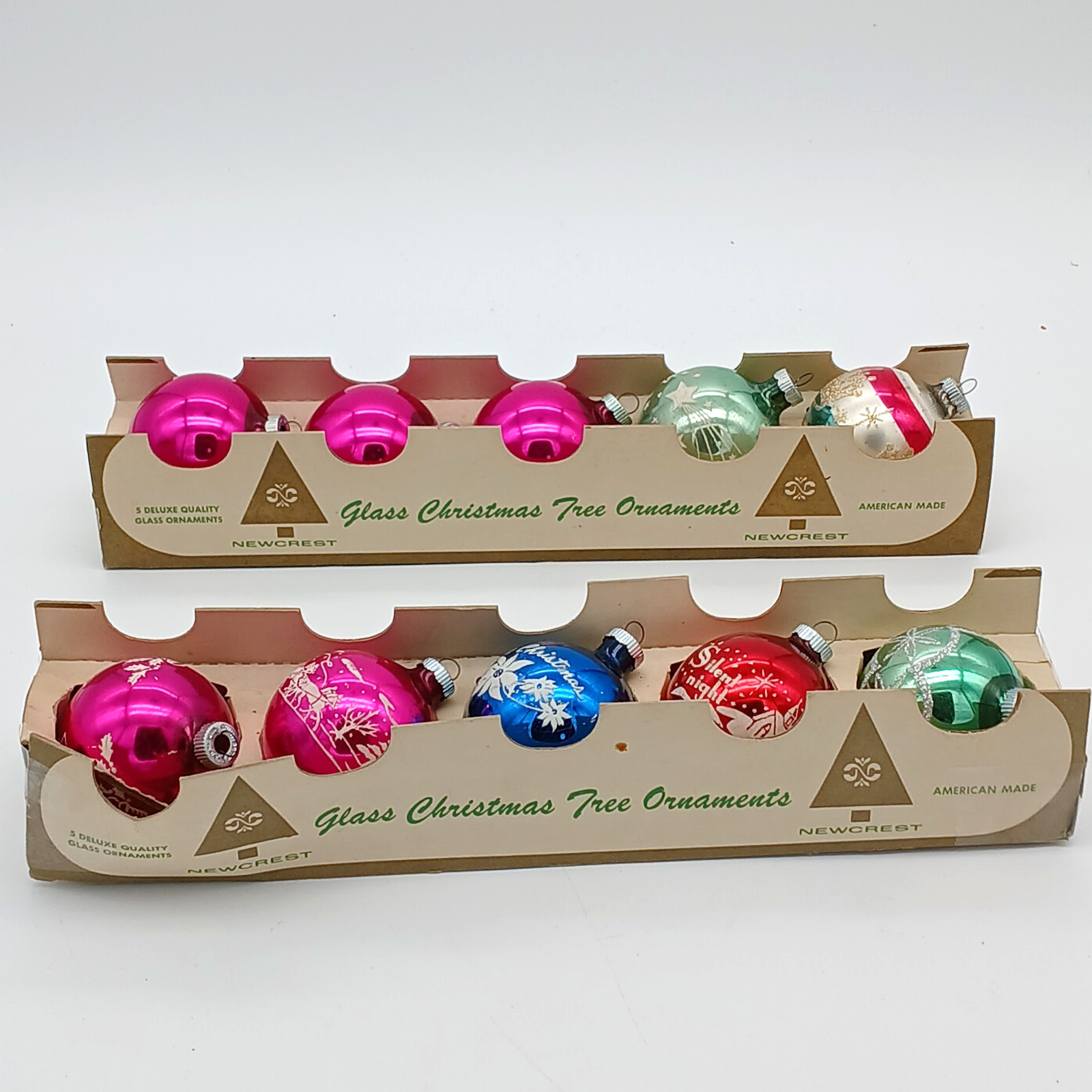 10 Vintage SHINY BRITE Glitter Mica Christmas Ornaments 2 5/8" Original Box