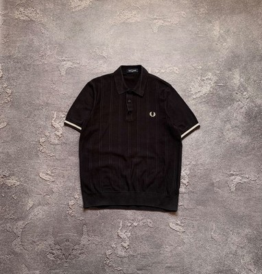 Fred Perry Men's Knitted Polo Shirt Black Cotton Textured Stripe Size M Laurel W