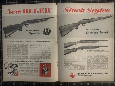 1960s Vintage Ruger Carbine Print Ad 2 Page - .44 Magnum 10/22 Rifles Guns