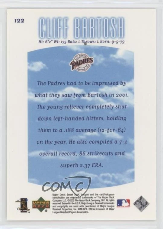 2002 Upper Deck Sweet Spot Sweet Beginnings /1300 Cliff Bartosh #122 Rookie RC - Image 2 of 2