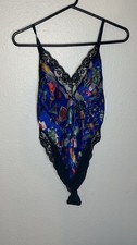 Vintage Shirley Boutique lingerie Made In USA Bodysuit Sz Small Blue With Lace
