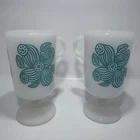 Vintage McKee Turquoise Flower Pedestal Milk Glass Mug Coffee Cup Set of 2 MCM