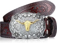 Herren GüRtel Western Cowboy Leder Bull Schnalle Mit Blumen Gravur FüR MäNner