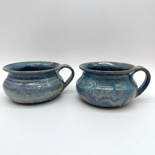 Pair Handcrafted Blue Drip Glaze Pottery Soup Cups Large Coffee Mugs EUC Signed