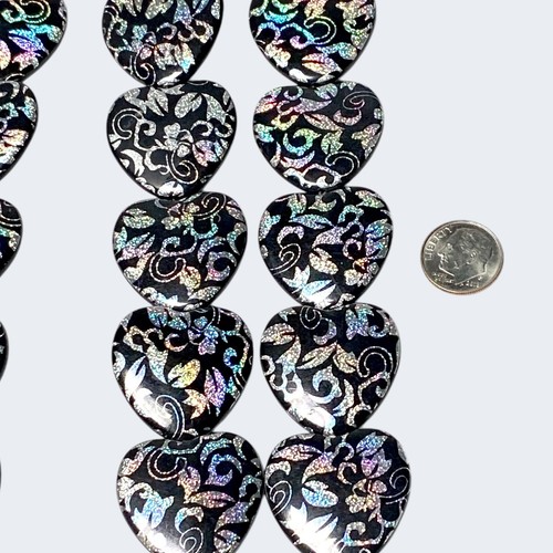 Black Hearts Beads Glitter Floral Silver Tone Iridescent Print Jewelry Crafting - Picture 9 of 12