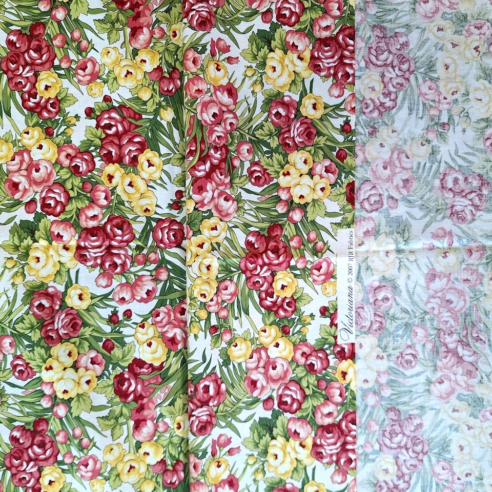 Fuera de existencia floral rojo amarillo verde sobre blanco Victoriana 2007 RJR telas algodón BTHY Foto 4 de 4