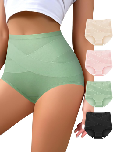 High Waisted Tummy Control Cotton Panties - 4 Pack Full Coverage Briefs