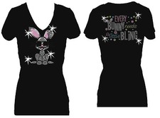 ALL RHINESTONE EASTER BUNNY & EVERY BUNNY NEEDS ALITTLE BLING V NECK  TEE SHIRT
