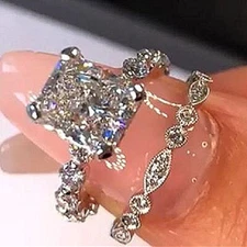 2Pcs/Set Women 925 Silver Ring Luxury Cubic Zircon Jewelry Wedding Sz 6-10