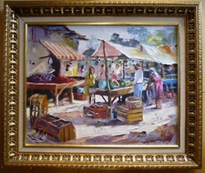RAMON CHIRINOS, RARE LISTED, VINTAGE MODERN MARKET SCENE OIL LATIN VENEZUELA 80s