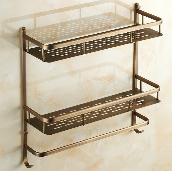 Antique Brass Wall Mounted Two-tier Bathroom Storage Rack with Hooks ...
