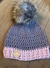 HAND KNIT BABY HAT/12 Month Pink And Grey With Fake Fur Pompom