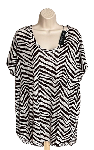 New! TAHARI Women's 1X Linen T-shirt Top V-Neck Zebra Animal Print Short Sleeve