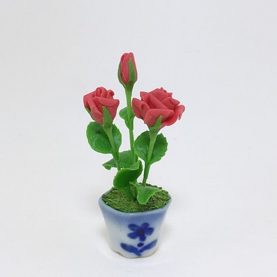 Red Rose Clay Flower Pot Decor Dollhouse Miniature Collectible Garden Handmade