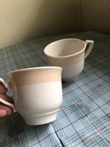 2 Vintage Homer Laughlin White W Peach Stripe Coffee Cup Mug