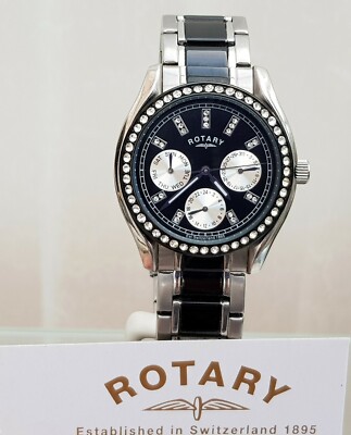 ROTARY Damenuhr Keramikoptik schwarz Tag & Datum Edelstein UVP180  verpackt