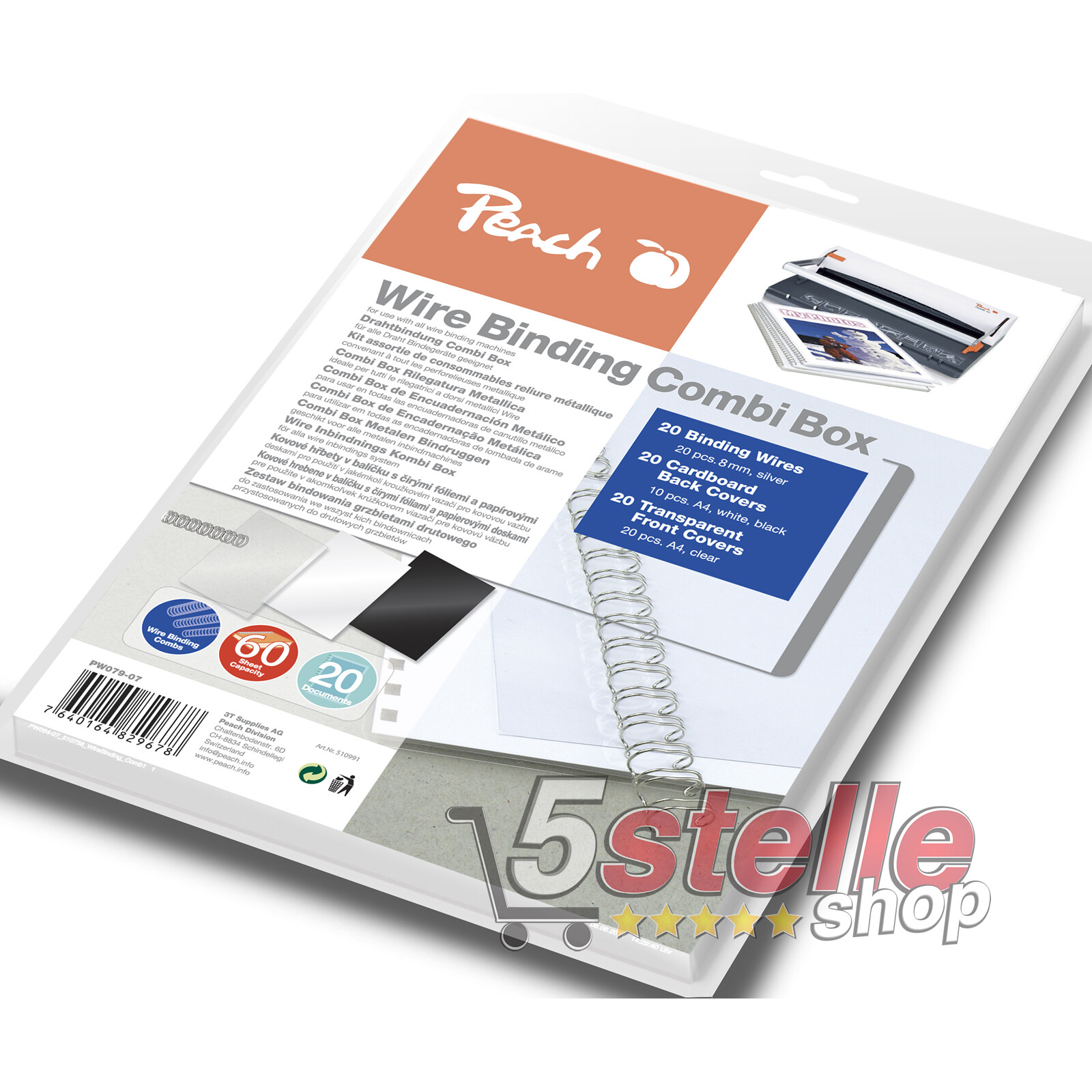 Peach KIT RILEGATRICE 20 SPIRALI IN METALLO 8 mm + 20 CARTONCINI + 20 LUCIDI A4