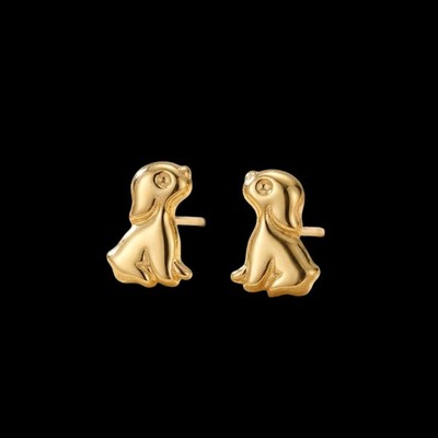 14K Solid Yellow Gold Puppy Stud Stamping Earrings Dog  Design Kids Gift