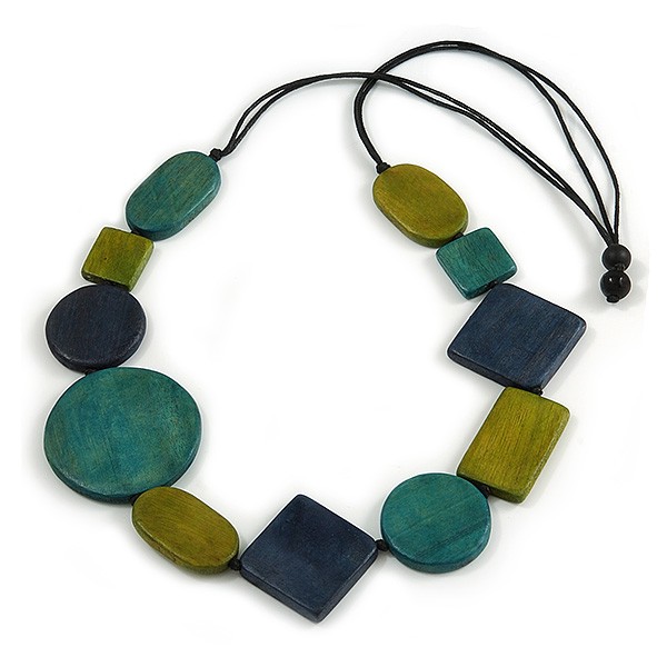 Geometric Wood Bead Black Cotton Cord Necklace in Blue/ Olive/ Teal - 86cm Long