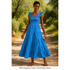 Quince 100% Organic Cotton Poplin Tiered Smocked Midi Dress Women's XS Blue NWT