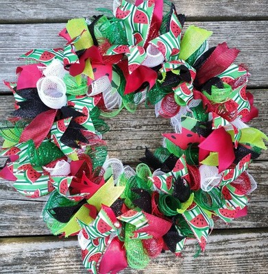 Handmade Seasonal Deco Mesh/Ribbon Wreath Summer Picnic Watermelon Red Green 20''