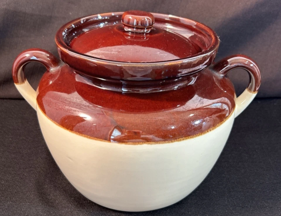 McCoy Bean Pot  & Lid Brown Tan Ovenproof Double Handle Pottery USA 343 Vintage - Image 2 of 4