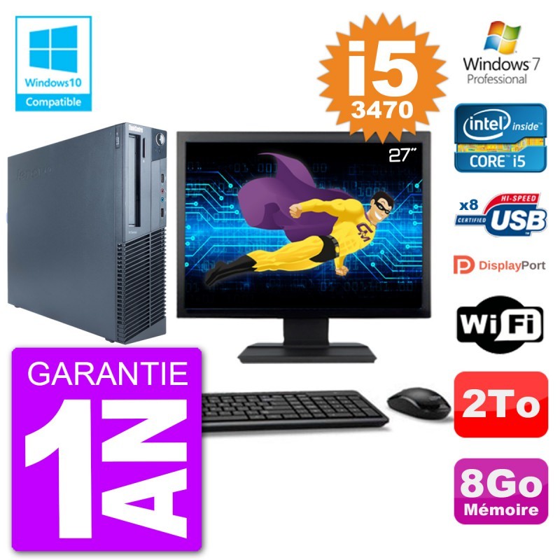PC Lenovo M82 SFF Ecran 27" i5-3470 RAM 8Go Disque 2To Graveur DVD Wifi W7