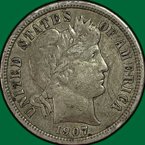 1907-D Barber Dime Silver Extremely Fine XF Coin, Scratch #33548