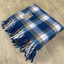 FARIBAULT WOOLEN MILL CO 100 ACRYLIC FRINGE THROWBLANKET BLUE TAN PLAID 48X52