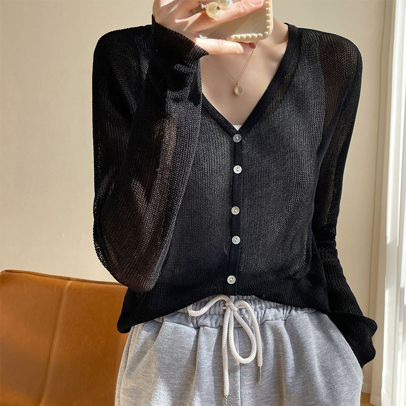 Women's Summer Linen V Neck Casual Knit Cardigan Thin Cover Up Shawl Jacket Tops