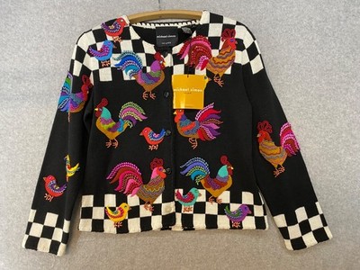 NEW! Vintage Michael Simon Cardigan M   Rooster Hen Bird Black Checkered   Art