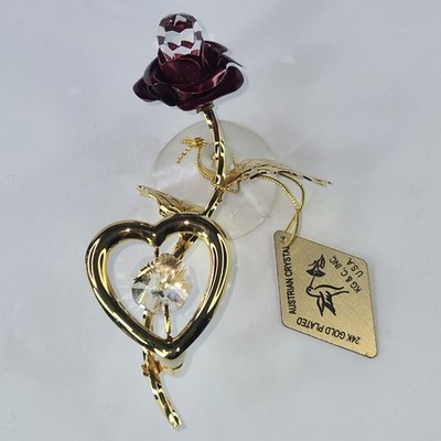 24K Gold Plated Suncatcher w Austrian Crystal Red Rose W Heart Mothers Day 