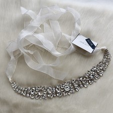 New WHITE BY VERA WANG Crystal Rhinestone Floral Medallion Ribbon Bridal Sash
