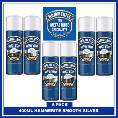 6 x Hammerite SMOOTH SILVER 400ml Direkt auf Rost glatt schnelltrocknend Sprühfarbe