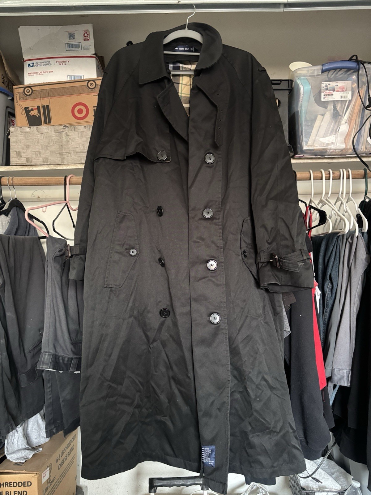 VTG London Fog Mens Trench Coat 42S Black Long Raincoat,missing liner