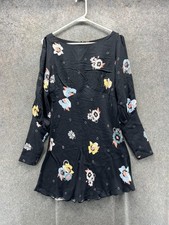 Free People Dress Womens 4 Black Floral Boat Neck Fit & Flare Long Sleeve Mini