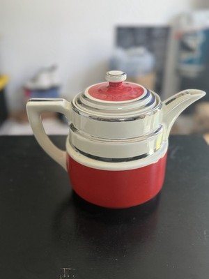 HALLS Superior Quality Kitchenware Mid-Century Coffee Pot Red Cream Silver AS IS