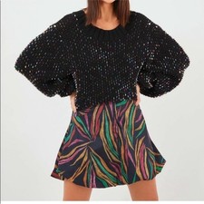 FARM Rio Shinny Zebra Bubble Hem Skirt M Black Multicolor Tropical Print