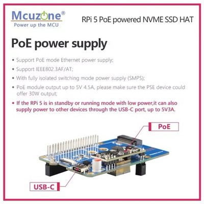 M.2 NVMe PoE HAT+ Expansion Board, Raspberry Pi 5, PCIe, 2230/2242/2280, SSD