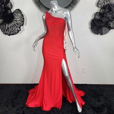 NWT~$575~CLARISSE~SZ 4~RED RHINESTONE ONE SHOULDER SLIT PROM EVENING GOWN DRESS