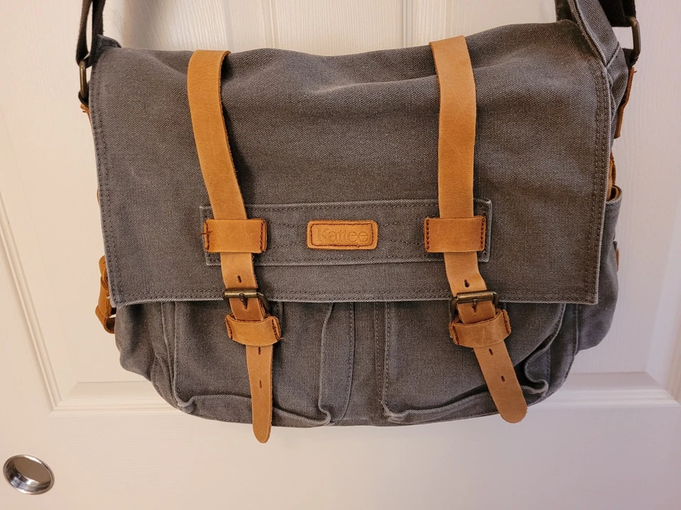 Kattee Gray Canvas Brown Leather Messenger Shoulder Bag READ - Image 2 of 4