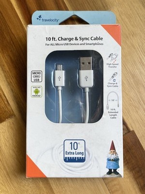 NIB Travelocity Micro USB Charge & Sync Cable 10 Ft Extra Long Cord
